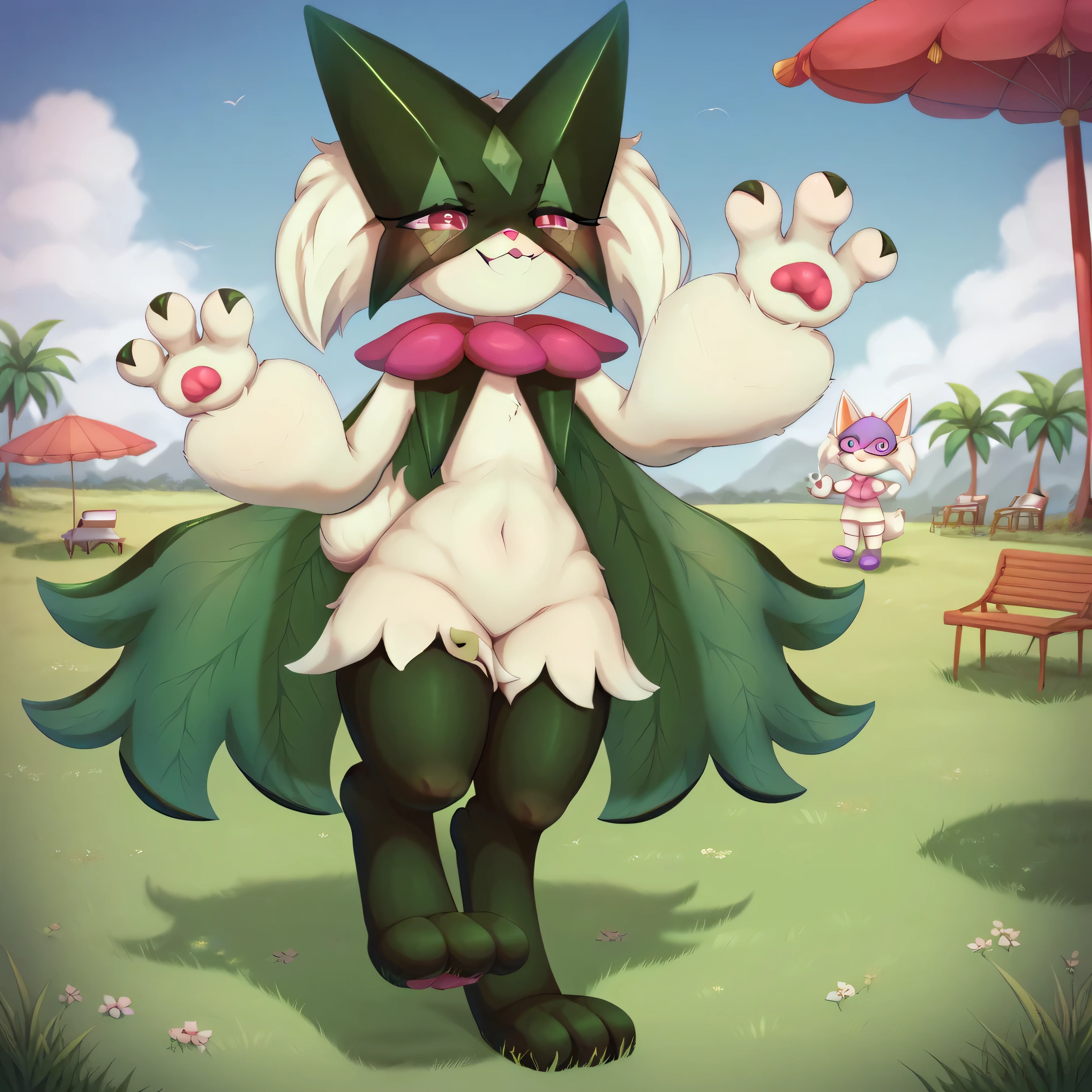 detailed, intricate details, FaceDetail, stunning, masterpiece, score_9, score_8_up, score_7_up, grassy field, meowscarada, green fur, pink eyes, claws, mask, tail, pawpads, three fingers, in gazebo, smiling, waving hands,