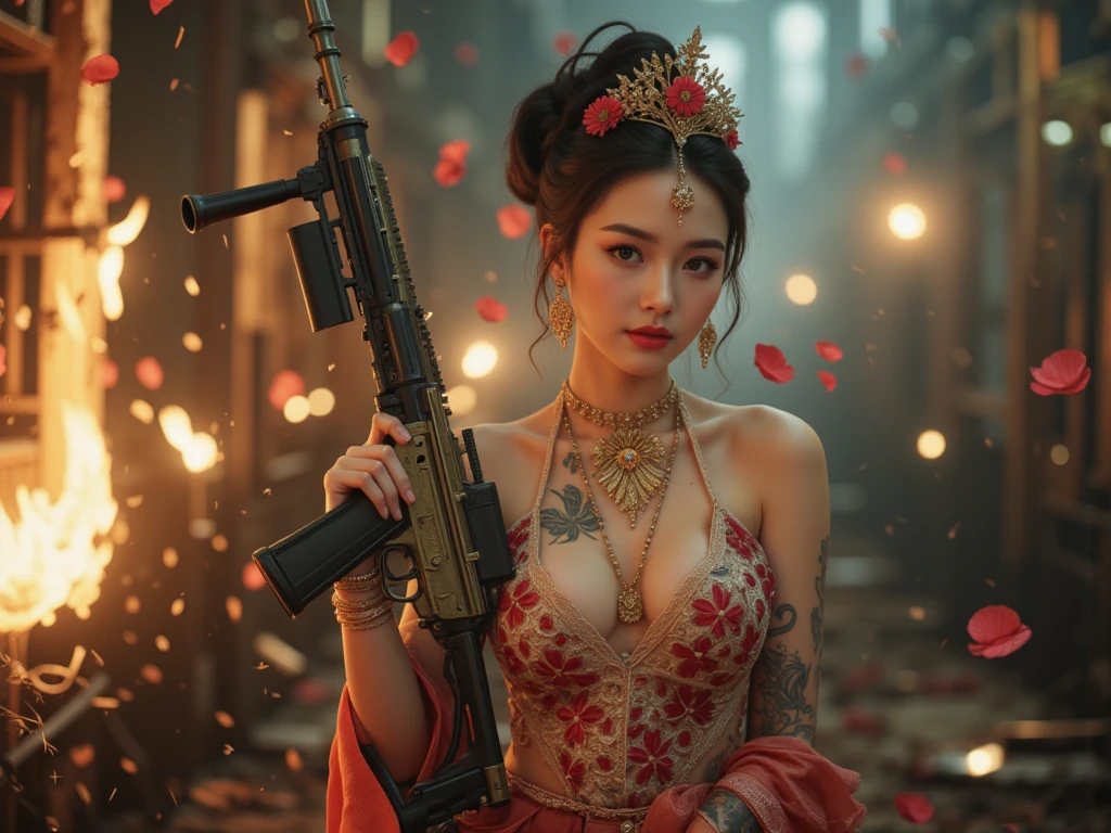 arafed woman in a dress holding a gun and smoke, ornate with fiery explosions, inspired by Rudy Siswanto, karol bak uhd, fanart, beautiful digital artwork, inspired by Leng Mei, by Eddie Mendoza, phoenix warrior, armed and dangerous, inspired by Oka Yasutomo, official artwork, portrait of modern darna, fire dress