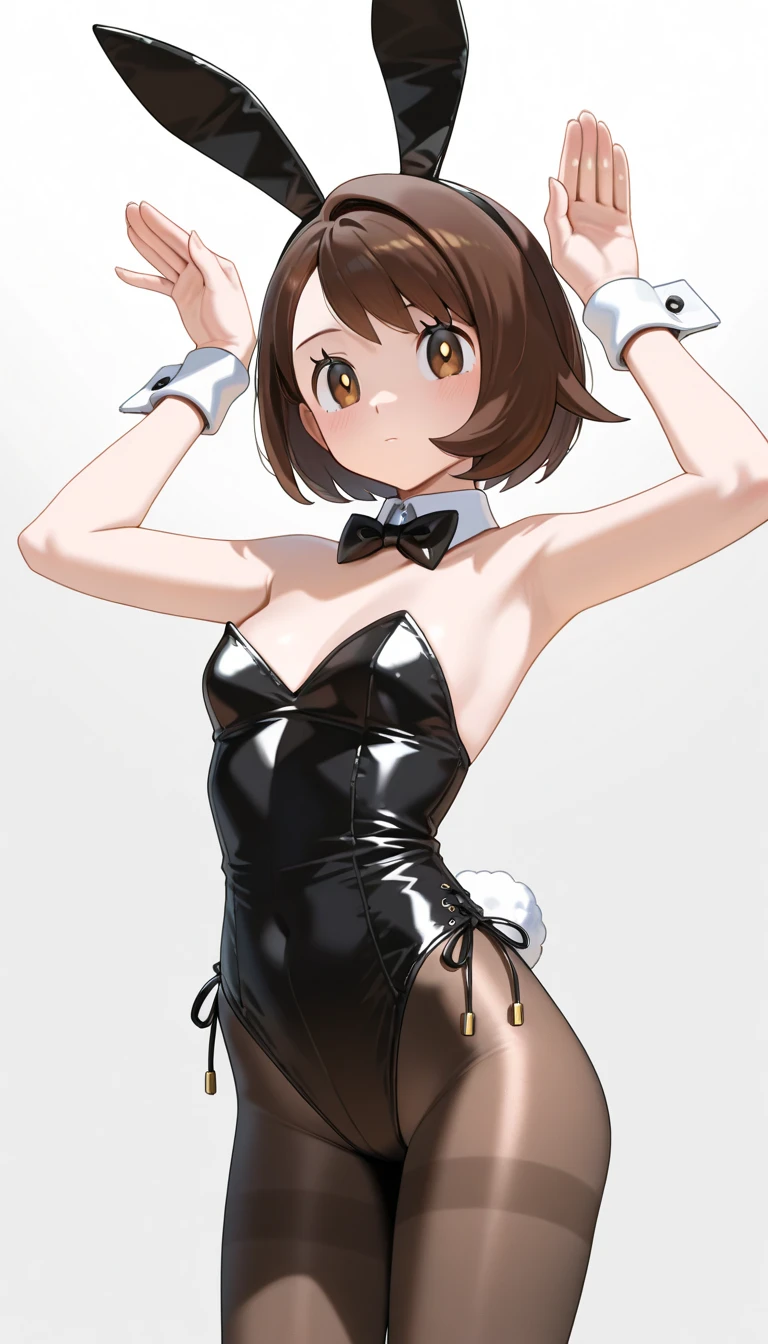 Masterpiece, Excellent, High Quality, Solo, Black Pantyhose, Beast Ears, Rabbit Ears, Playboy Bunny Girl, Brown Hair, Headband, Headband, Short Hair, Medium, Beautiful Breasts, Standing, Pure Background, White Background, Full Body Portrait, Delicate Face, Character Standing Painting, Painted Good Fingers,