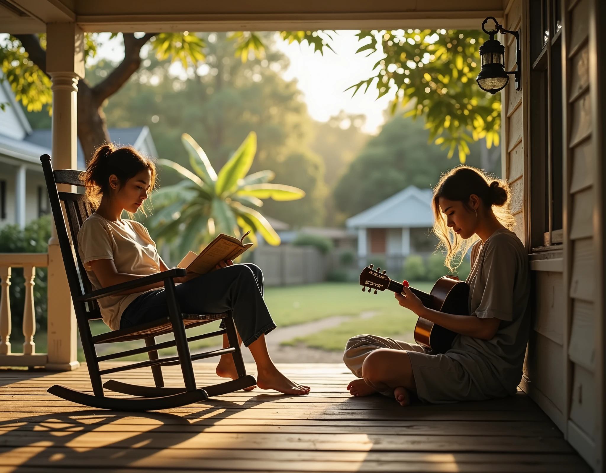 Golden hour in a quiet southern town. Two casually dressed young women sit on the porch of a weathered wooden house surrounded by lush banana trees and humble fences. One lounges barefoot in a rocking chair, legs casually tucked up, reading a well-worn poetry book; the other sits cross-legged on the porch floor, strumming a small acoustic guitar with ease and a soft smile. Both are dressed in comfortable, summery clothes — loose cotton tops, worn-in denim shorts, and messy hair tied back lazily. They’re bathed in the warm, late-afternoon sun, which casts long, golden shadows across the porch and soft glows on their skin. There’s a sense of stillness, intimacy, and timelessness — like a quiet Sunday that stretches on forever. Background homes blur slightly, surrounded by lush green plants and rustic textures. The mood is nostalgic, calm, and naturalistic — like a forgotten moment in a coming-of-age indie film.