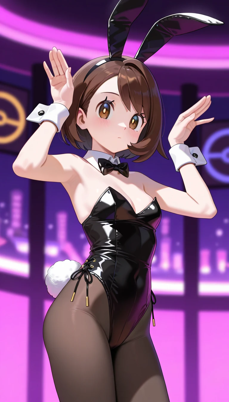 score_9, score_8_superior, score_7_superior, sauce_anime, One girl, alone, whole body, From the back, One girl,alone,Glowing Skin, Crouching, Place your hands behind your back on the floor, cute, whole body,score_9, score_8_superior, score_7_superior, ブレークsauce_anime, CG, Yellow bunny ears, blush, Blue Eyes, Open your mouth, Embarrassed and angry face, Detachable white collar, Yellow bow tie, clavicle:1.2, Exposing shoulders:1.8, Slight cleavage, Bust 73cm, Height: 140cm, yellow strapless leotard:1.9, Yellow Playboy Bunny, White wrist cuffs, High leg:1.8, Thong:1.9, White rabbit tail, She wears white pantyhose under her leotard:1.9, Yellow Pin Heels, View your viewers, casino, camel toe:0.5