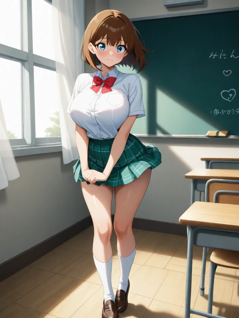 masterpiece、High Quality、8k、high resolution、solo、   high chroma、high resolution 、anatomical structure、Perfect body attack、beautiful skin、pretty eyes、blue eyes、shiny costume、(brown hair:1.hort Bob   、 、、Big Breasts、embarrassing、uniform((white shirt、Short sleeve、 green plaid pleated skirt 、micro mini skirt、Red Ribbon Bow Tie、White Long Socks、white scrunchies on wrists、loafers))、 soft shadow、daylight、textured skin、wind、skirt flipping、make a heart with both hands、 Classroom、 daylight、(standing with :1.5)、dark pink blush、Viewers' Perspectives、studio lighting for women、I can see the schoolyard from the window