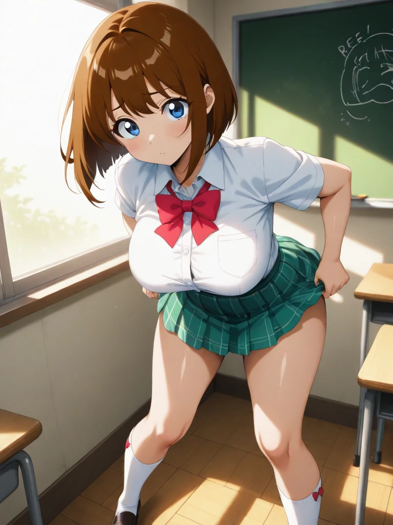 masterpiece、High Quality、8k、high resolution、solo、   high chroma、high resolution 、anatomical structure、Perfect body attack、beautiful skin、pretty eyes、blue eyes、shiny costume、(brown hair:1.hort Bob   、 、、Big Breasts、embarrassing、uniform((white shirt、Short sleeve、 green plaid pleated skirt 、micro mini skirt、Red Ribbon Bow Tie、White Long Socks、white scrunchies on wrists、loafers))、 soft shadow、daylight、textured skin、wind、skirt flipping、make a heart with both hands、 Classroom、 daylight、(standing with :1.5)、dark pink blush、Viewers' Perspectives、studio lighting for women、I can see the schoolyard from the window