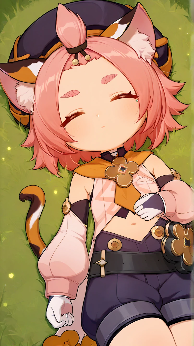nude, catgirl, small breasts, 10 years old, smiling, shy, embarrassed, loli, outside, tail, detached sleeves, hat