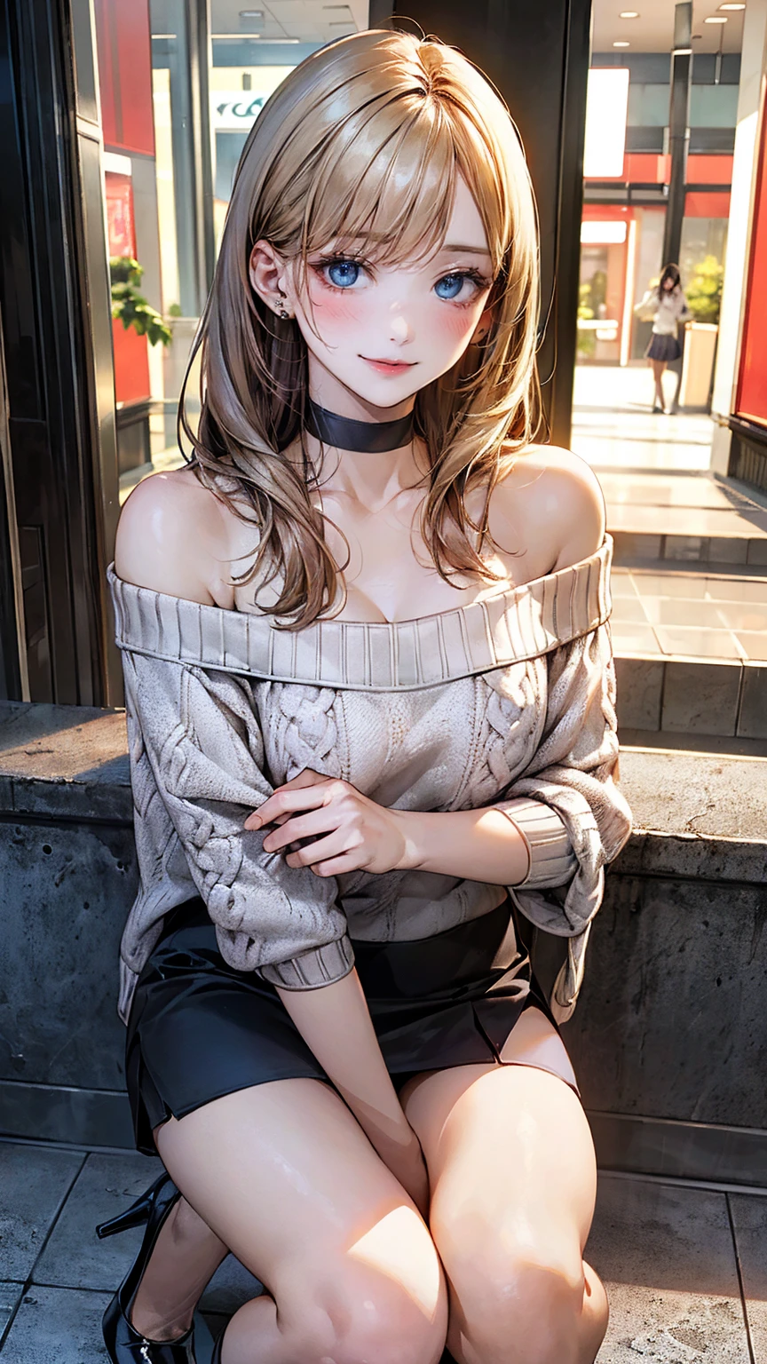 ((Mature woman sitting in front of café)),((turtleneck shirt:1.3)). 40k, Photography, masutepiece, Best Quality, dark grey background, ((Mature Women, waifu, Mami, A MILF)), ((voluptuous breasts)), Perfect face, perfect breasts - huge)), ((One girl with brown eyes and gorgeous light black hair)). a Pretty Japanese woman,completely soft chest and white skin,,, ((Very soft breasts)). Ultra-detailed face, Detailed eyes, embarrassed, Smile, Summer, Daytime, (((Slave Collar))), Half body, fixed