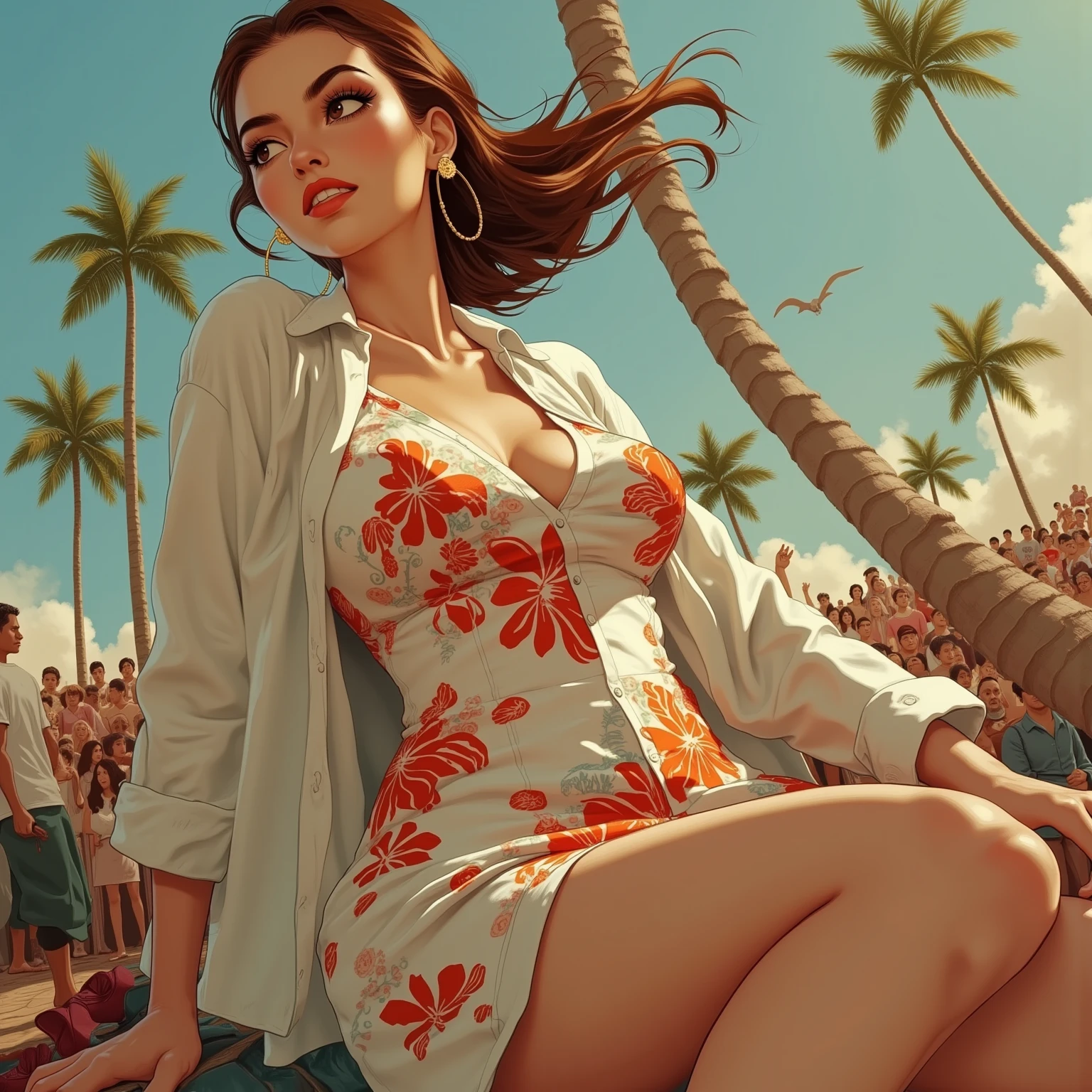 Lora the young southern teen, buxom features, large breasts, thick thighs, fruity aesthetic, art by Robert McGinnis, neo pulp