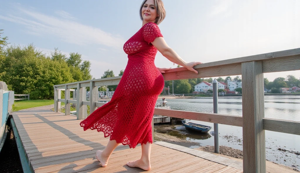 beautiful slim fashion model standing posing with hands behind head, red lips, full length red dress made of mesh, dress must cover both legs, large red brim floppy sun hat, smiling face, standing in front of beautiful lake with volcano in background, show full figure