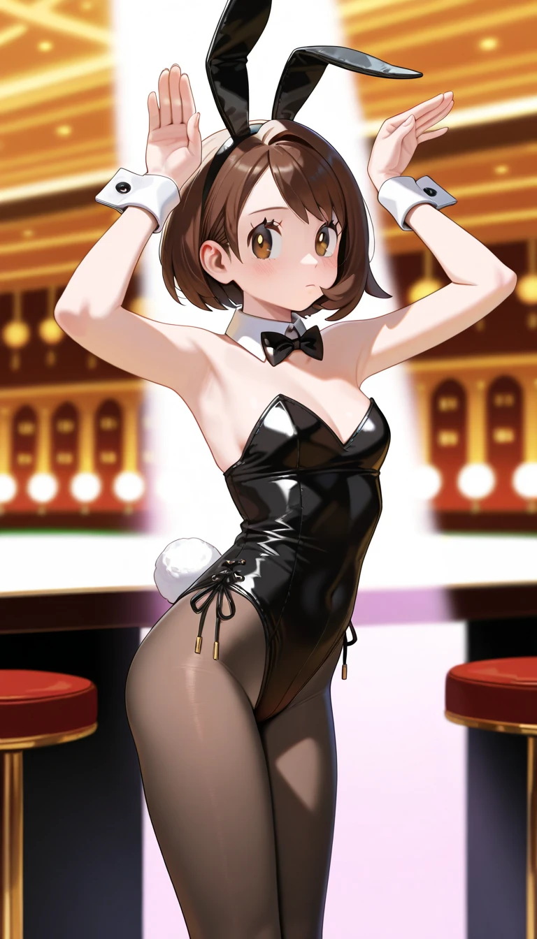 score_9, score_8_superior, score_7_superior, sauce_anime, One girl, alone, whole body, superiorから, One girl,alone,Glowing Skin,,Are standing,cute, whole body,score_9, score_8_superior, score_7_superior, ブレークsauce_anime, CG, Yellow bunny ears, blush, Open your mouth, smile, Detachable white collar, Yellow bow tie, clavicle:1.2, Exposing shoulders:1.8, Slight cleavage, Bust 73cm, Height: 140cm, yellow strapless leotard:1.9, Yellow Playboy Bunny, White wrist cuffs, High leg:1.8, Thong:1.3, White rabbit tail, She wears black pantyhose under her leotard:1.9, Yellow Pin Heels, View your viewers, casino, camel toe