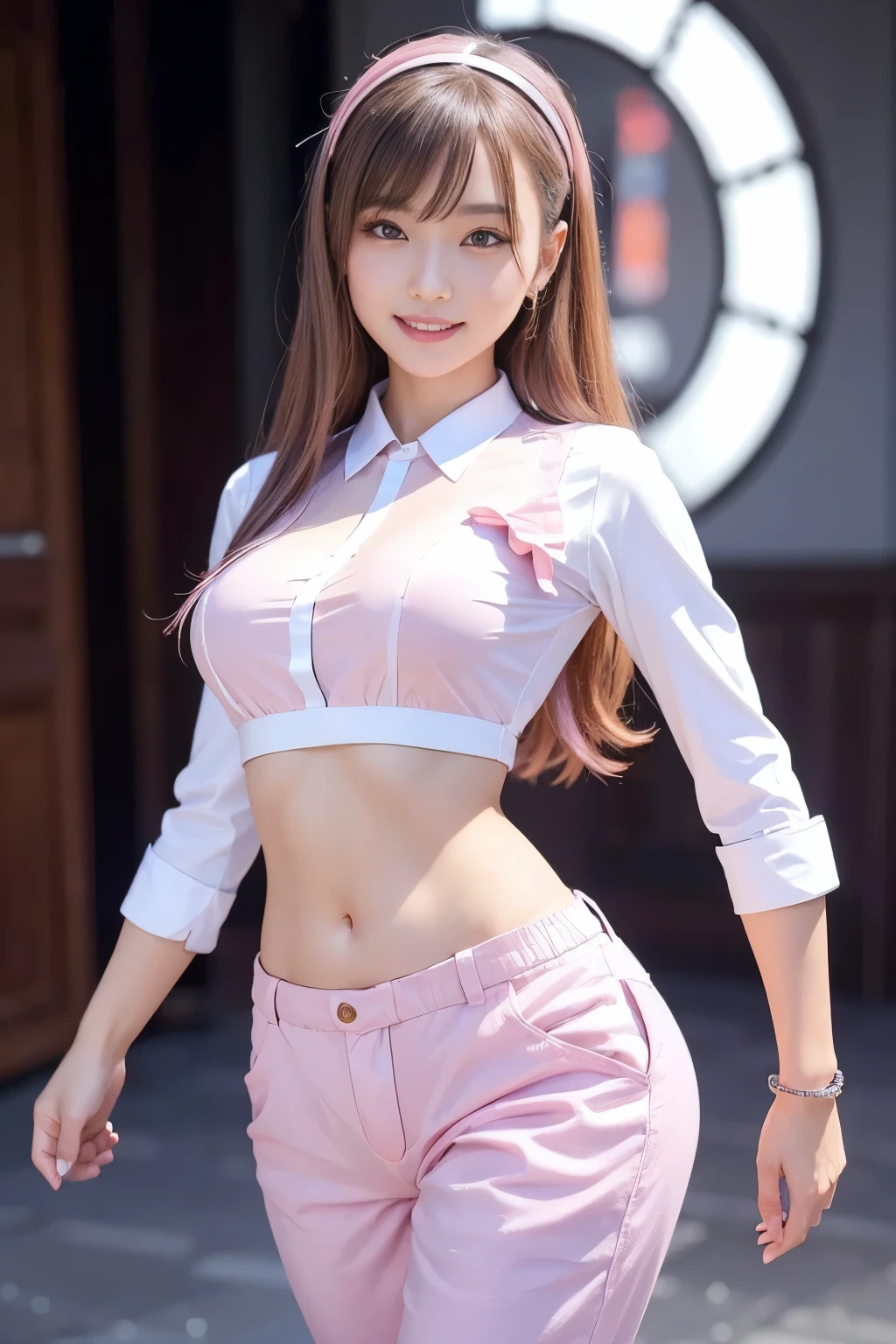 (best quality, high resolution, masterpiece:1.2), very detailed, realistic:1.37,(perfect anatomy),1 girl, cowboy shot,Cute and perfect Japanese cyber idol girl,(big smile),beautiful skin, small breasts,Detailed Facial Features, round face,Complex Hair, detailed costume, beautiful lips,(white and pastel pink shirt and pants:1.3), Metal Necklaces ,Futuristic Headband, Idol Makeup ,,Black haired semi-long hair,Moe pose(beautiful eyes on my stomach:1.2), The background is a cyber operating room with medical equipment