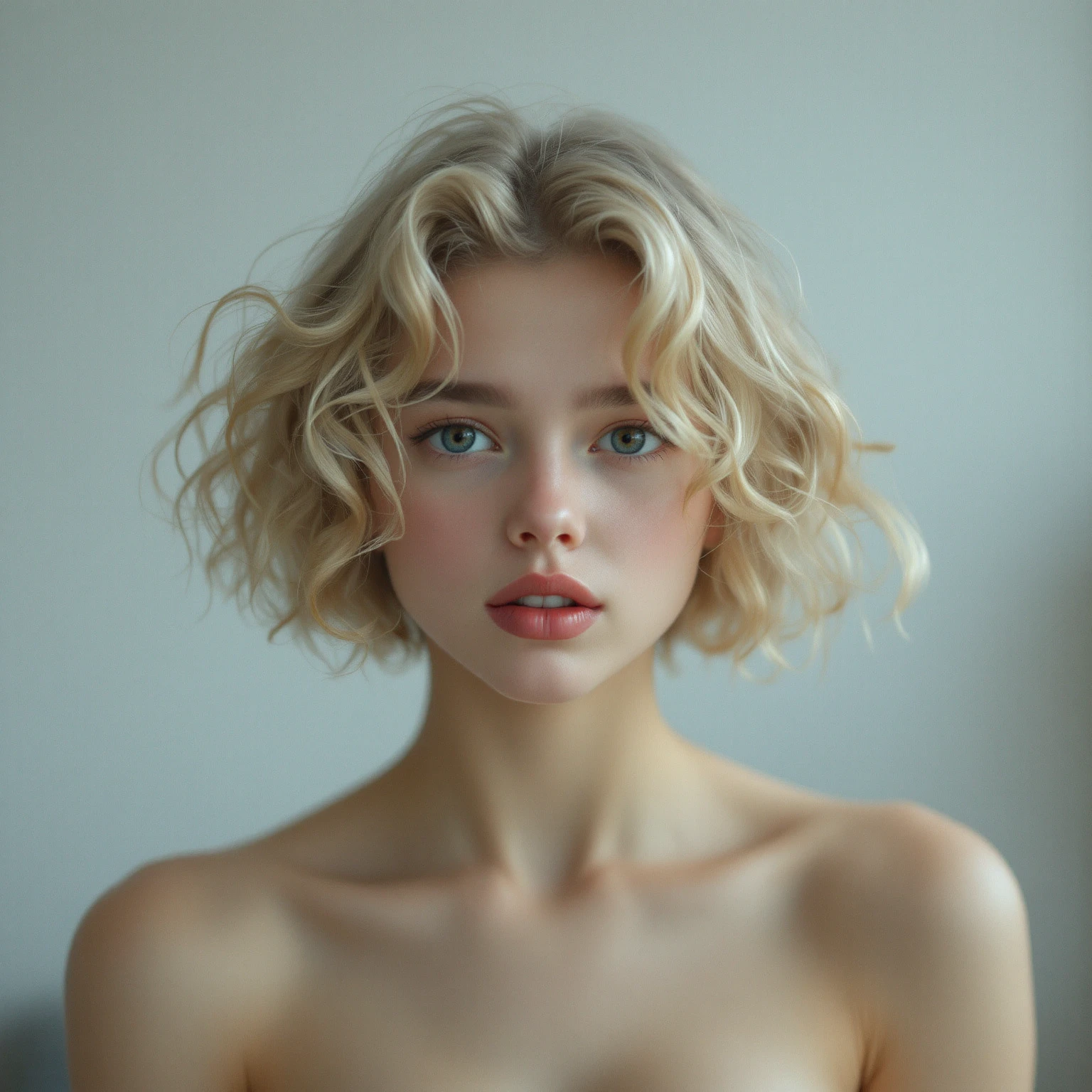 ((Highest quality photorealistic face closeup: 1.2)), head and shoulders bust photo, Egon Schiele style platinum blonde nude 18-year-old fashion model, ((nude 18-year old anorexic skinny Abbey Lee Kershaw model lookalike:1.5)), , ((extra large disheveled platinum blonde bouffant hairstyle:1.5)), pixie Abbey Lee Kershaw face, cute sexy face, very pale skin, dark dramatic eye makeup, huge long eyelashes, bright red luscious lips, pixie waif face, extra large blue eyes, wide set eyes, large wide staring eyes, bright blue eyes, teenage model Abbey Lee, skinny face, red succulent moist lips, ((gap-tooth slightly parted open sexy mouth)),