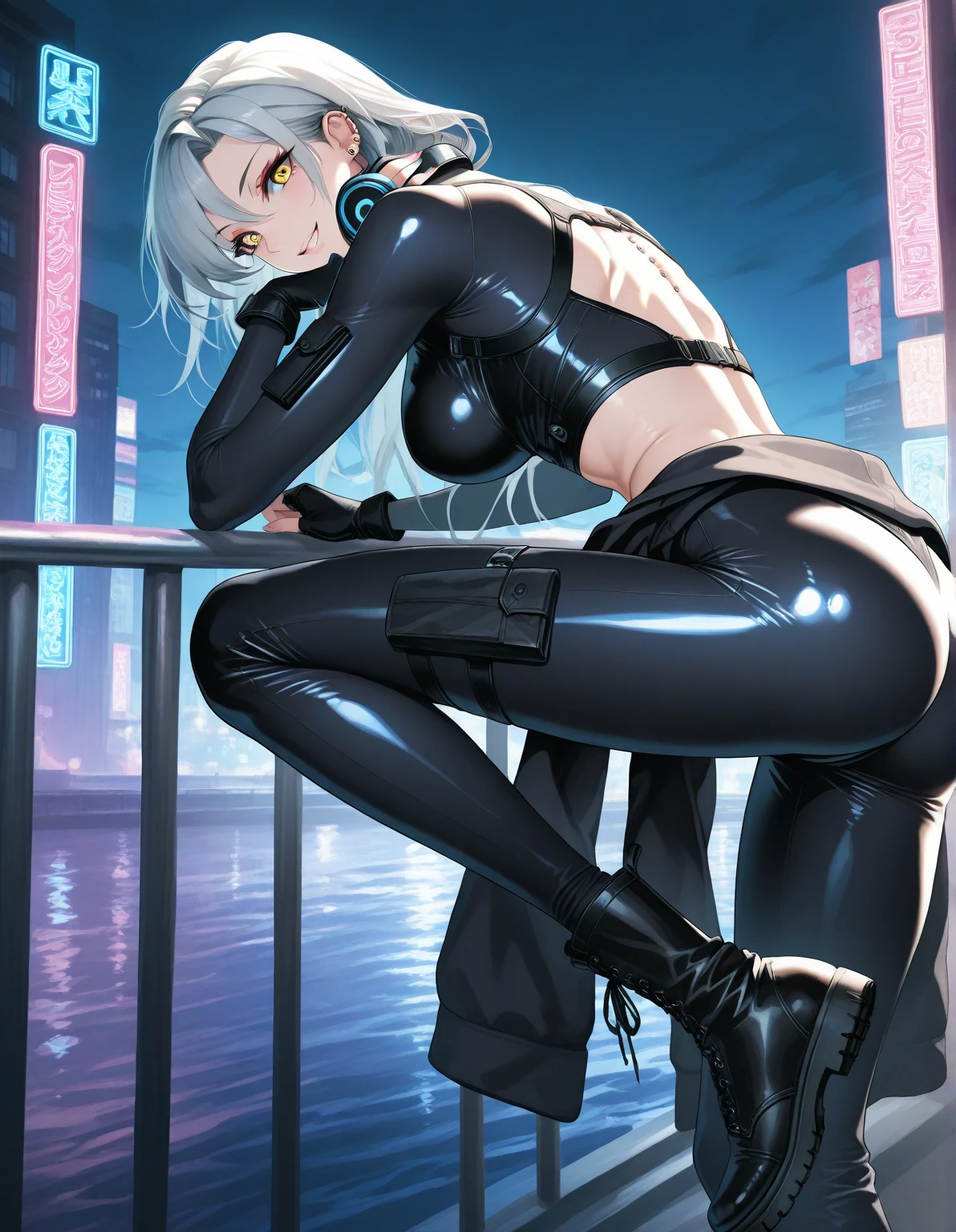 Cyberpunk woman kneeling on the floor, ass spread, from behind, white  hair、Green eye