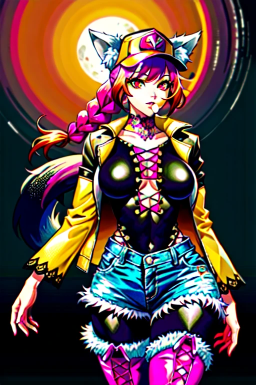 Ariana Grande from tenguen toppa gurren laggan, cute. bikini top with flames print under leather jacket, black leather shorts,, gloves, sitting, looking at the viewer, background: grand canyon, beautiful sunset