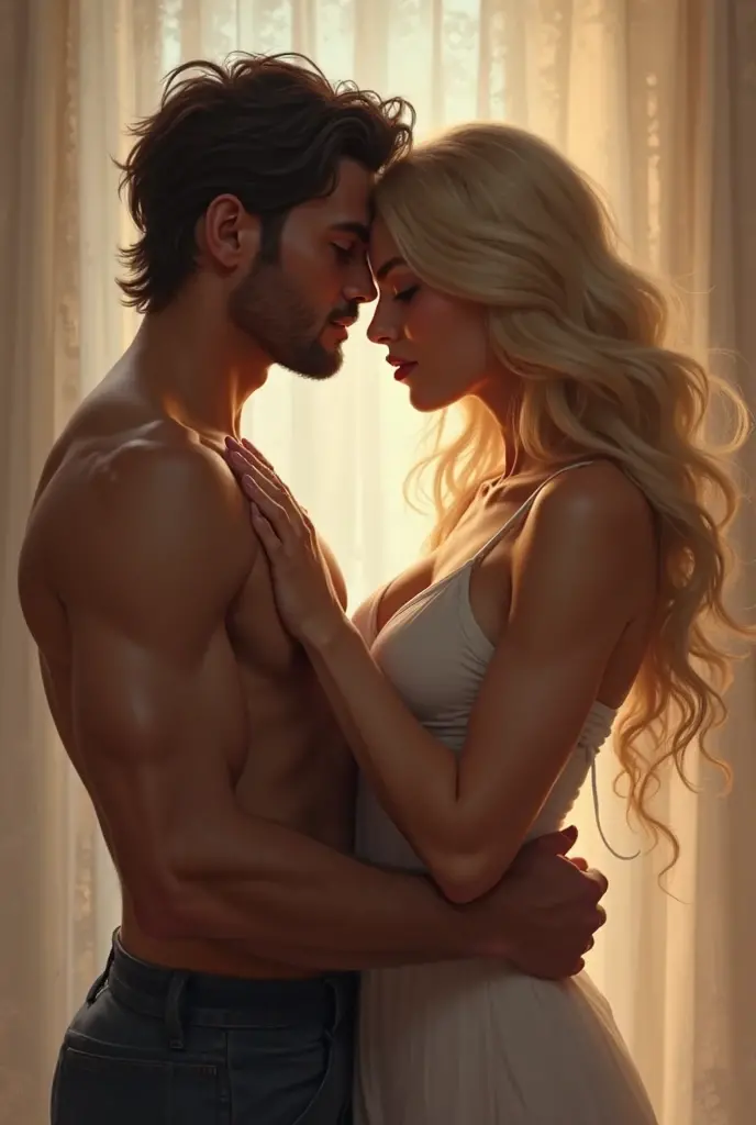 (fotorrealism:1,2), A beautiful woman with medium blonde hair, breasts big, sexly, wearing shorts and an off-the-shoulder t-shirt, standing in the arms of a tall man, bonitas, very strong, blackquality hair, wearing pants and t-shirt, hugging a woman around the waist, Inside the house, soft lighting, relaxed pose, realisitic, complexdetails, warm colours.