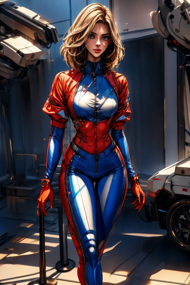 A full-body, ultra-detailed semi-realistic digital painting of a mature Polish woman in her early 40s, with a tall, toned, graceful figure that reflects classic Central European elegance. Her proportions follow a 10-heads-tall fashion model silhouette, with a modestly full bust, narrow waist, and long, shapely legs. Her posture is upright and relaxed, with a soft hip tilt that exudes calm confidence. Her skin is fair with a soft white tone and cool undertone, glowing naturally.
Her facial features are sharply defined—high cheekbones, a long straight nose, and a V-shaped jawline. Her eyes are almond-shaped, elongated, and slightly upturned at the outer corners, creating a cool, fox-like gaze beneath delicately arched brows. Her lips are medium-thin with a well-shaped Cupid’s bow, shaded in muted rose. Her makeup is clean and cool-toned: sculpted taupe eyeshadow, soft smoky shading below the eyes, and highlight accents to enhance her bone structure.

She wears a sleek race queen outfit inspired by the Polish national colors: a red and white zip-up crop top with silver trim and subtle structure, paired with an ultra-short asymmetrical skirt featuring red and white blocks and integrated black sponsor logos. Thigh-high white boots with red stripe accents and fitted red fingerless gloves complete her athletic, aerodynamic look. The suit reflects ambient light with a smooth, synthetic sheen and patriotic tone.

Her long blonde hair is sleek and waist-length, center-parted and naturally styled, flowing cleanly down her back without bangs or accessories.
She stands at a modern Polish racetrack with crisp architectural lines, national flags in soft focus, and cinematic cool lighting that highlights her confident, modern silhouette.
Masterpiece, best quality, semi-realistic, 8K resolution, cinematic lighting, hyperrealistic portrait, finely detailed, detailed eyes, soft fabric texture, cyber-race queen aesthetic.