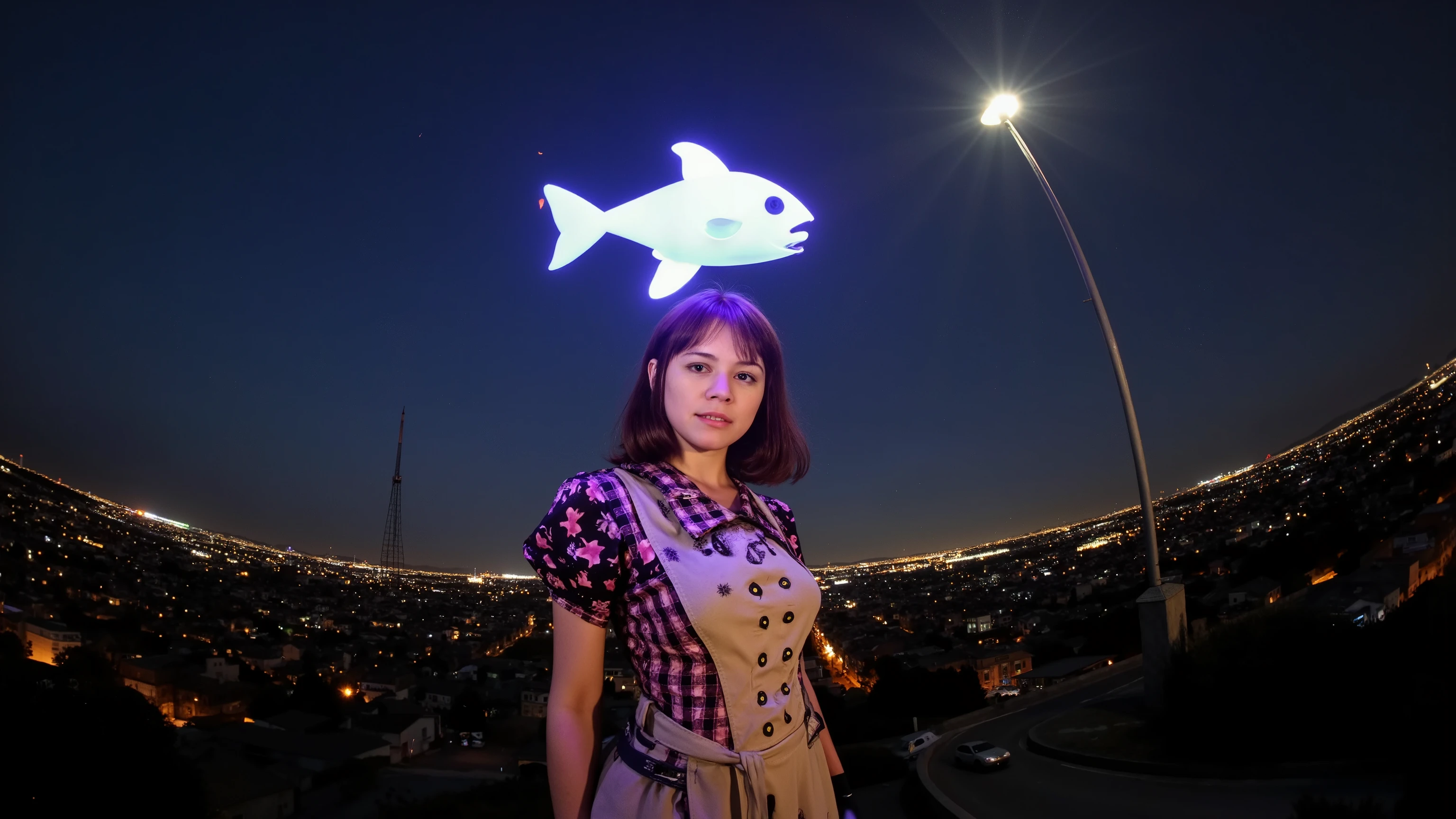 A surrealistic cityscape at dusk, captured with a fisheye lens and black light. Alice Liddell's figure, dressed in a madcap ensemble, looms large amidst eerie street lights. Her eyes seem to pierce through the darkness, as if hypnotized by the glowing geometrical fish hovering above her head. In the background, a radio tower rises like a skeletal finger, while the cityscape stretches out in 16k UHD HDR glory. The entire scene is bathed in an otherworldly light, as if illuminated by the Eye of Providence itself. The composition is a masterpiece of Bauhaus-inspired design, award-winning in its lunatic intensity.