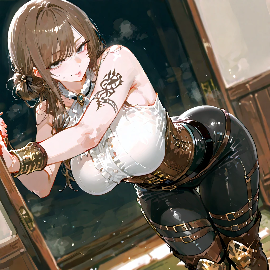 (masterpiece, best quality, extremely detailed CG, beautiful detailed eyes, ultra-detailed, intricate details:1.2), 8k wallpaper, elaborate features,
(1girl, solo:1.4),
(realistic textures:0.8), highres, cute, (vibrant colors, dynamic lighting:1.0), (high contrast:0.8),
(shot hair, light brown hair:1.3), (medium breast:1.4), (hand on breast:1.0), (close-up:1.2),
,, red kimono, torn,
leggings, lace-trimmed bra, torn dress,
(grin:1.0),
(,:0.5),
(open jacket:0.5),
standing on one leg, striped background, (treehouse:1.6), smug, armpit focus,
(backless pants:1.4), (unfastened:1.1),
(prostitution, ahegao:0.9), ass grab,
(,:1.4), (nsfw:1.15),
confident expression, (fullbody:1.1),