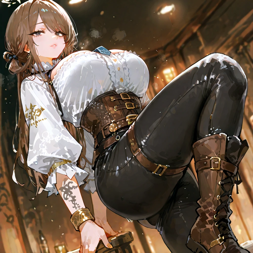 "((short steampunk corse)),((Mexicana peliroja, white skin)),((Twintail)),(1solo),(1 girl view),full_body, 1 girl view,female, young, 17 years old, (long hair), ((red-light brown hair)), snowflakesdetailed cute anime face, ((pointy_ears, seductive pose, flirty with one eye closed)), (((medium_breasts, firm breasts))), (green-brown ligth eyes), random angle)":(all realistic intricate details)