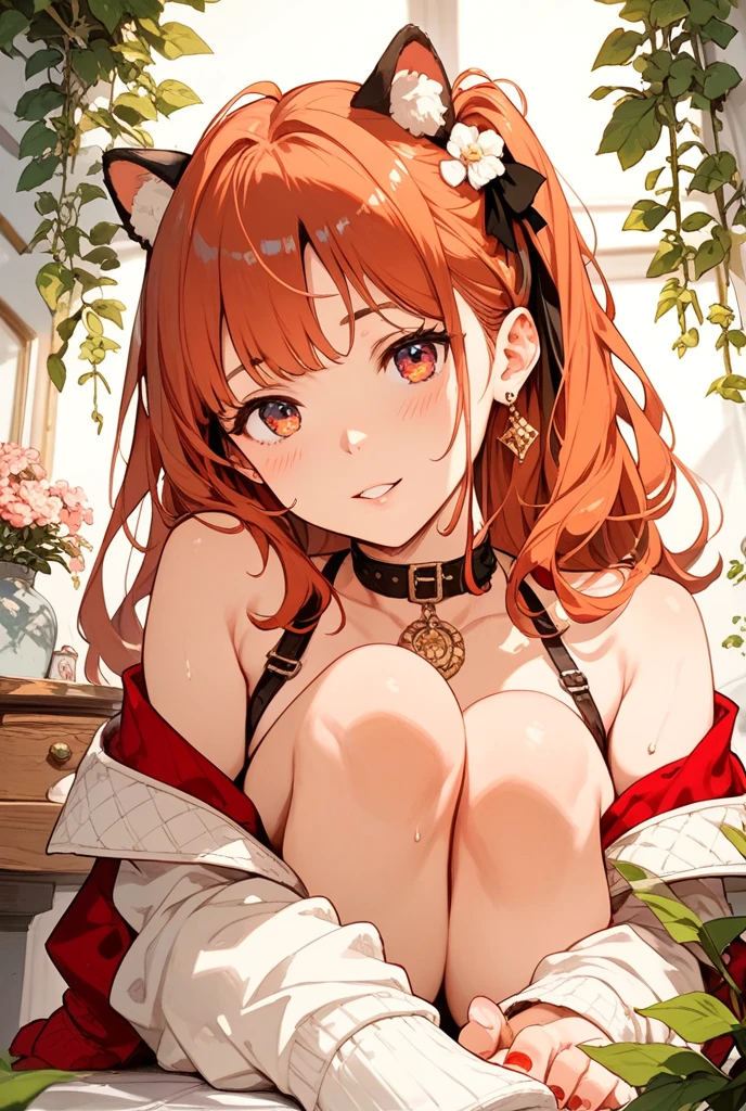 Masterpiece, Best quality, high resolution, 1girll, Solo, Oversized fox tail，Green eyes，(Long brown hair_Sideways French braided hair)，Small flower headdress, (27years old，Big breasts wife)_Mature female figure_F Cup，Modern architecture，Halloween，Sexy mummy dress up_The ribbon is only wrapped around the chest and ，
