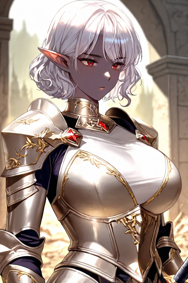 1 Private Wife，alone，long hair，Huge Breasts，Golden Eyes，Sexy，Short silver hair，Mature female，widow，(masterpiece: 1.0，(the best_quality: 1.0)，silence，Black Armor，Fantasy World，Calm down，Inside the Palace，In a meeting，Upper body close-up，lipstick，During the sermon，earrings，cleavage