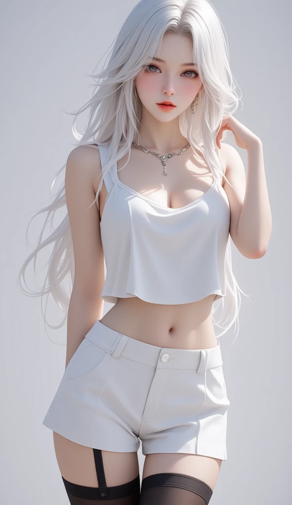 Realistic, high resolution, 1 girl, white wavy hair, Korean, heterochrome eyes, small moles under the eyes, loose white shirt, yoga pants, big breasts, long legs, tight abs, sexually bit her lip
