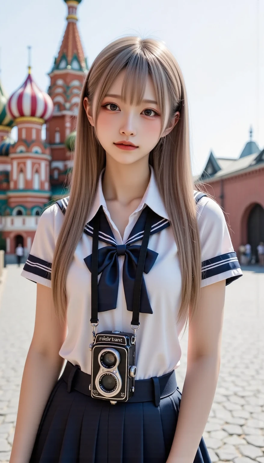 bag, school bag, 1girl, itsumi erika, skirt, tomori nao, solo, handbag, blue eyes, pleated skirt, shoulder bag, bow, short sleeves, red skirt, long hair, silver hair, backpack, school uniform, shirt, standing, bangs, closed mouth, eyebrows visible through hair, looking at viewer, frown, bowtie, cowboy shot, holding bag, sailor collar, serafuku, blouse
