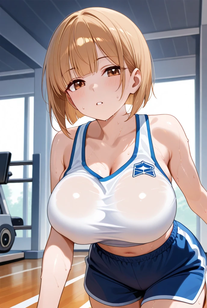 extremely delicate and beautiful, Amazing, finely detail, masterpiece, ultra-detailed, highres,best illustration, best shadow,intricate,sharp focus, high quality, woman, 28yrs, (Samus Aran), Samus, Samus from metroid, solo, long brown hair, curvy, milf, big beasts, huge breasts, (giant breasts), sexy body, genshin impact, sports bra, yoga pants, cutesexyrobutts style
