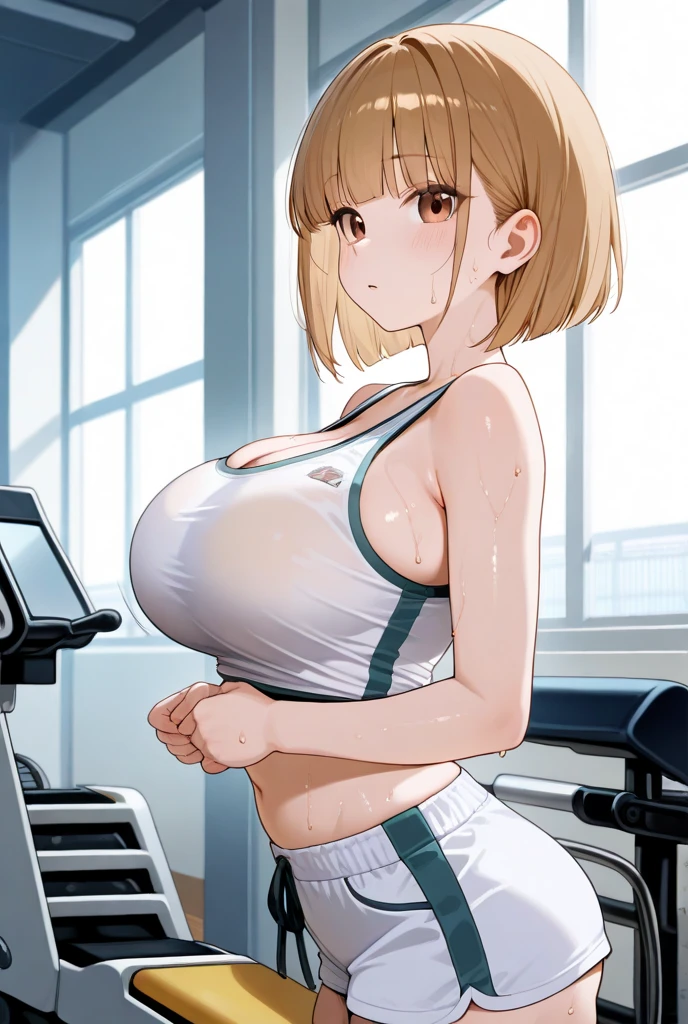 1girl, mature female, brown hair, best quality, masterpiece, ultra-detailed, high quality, Beautiful, beautiful face, smile, open mouth, looking at viewer, white t-shirt, pink shorts, see through, large breasts, cleavage, large ass, sexy curvy body, detailed female body, POV, close shot, from the front, standing