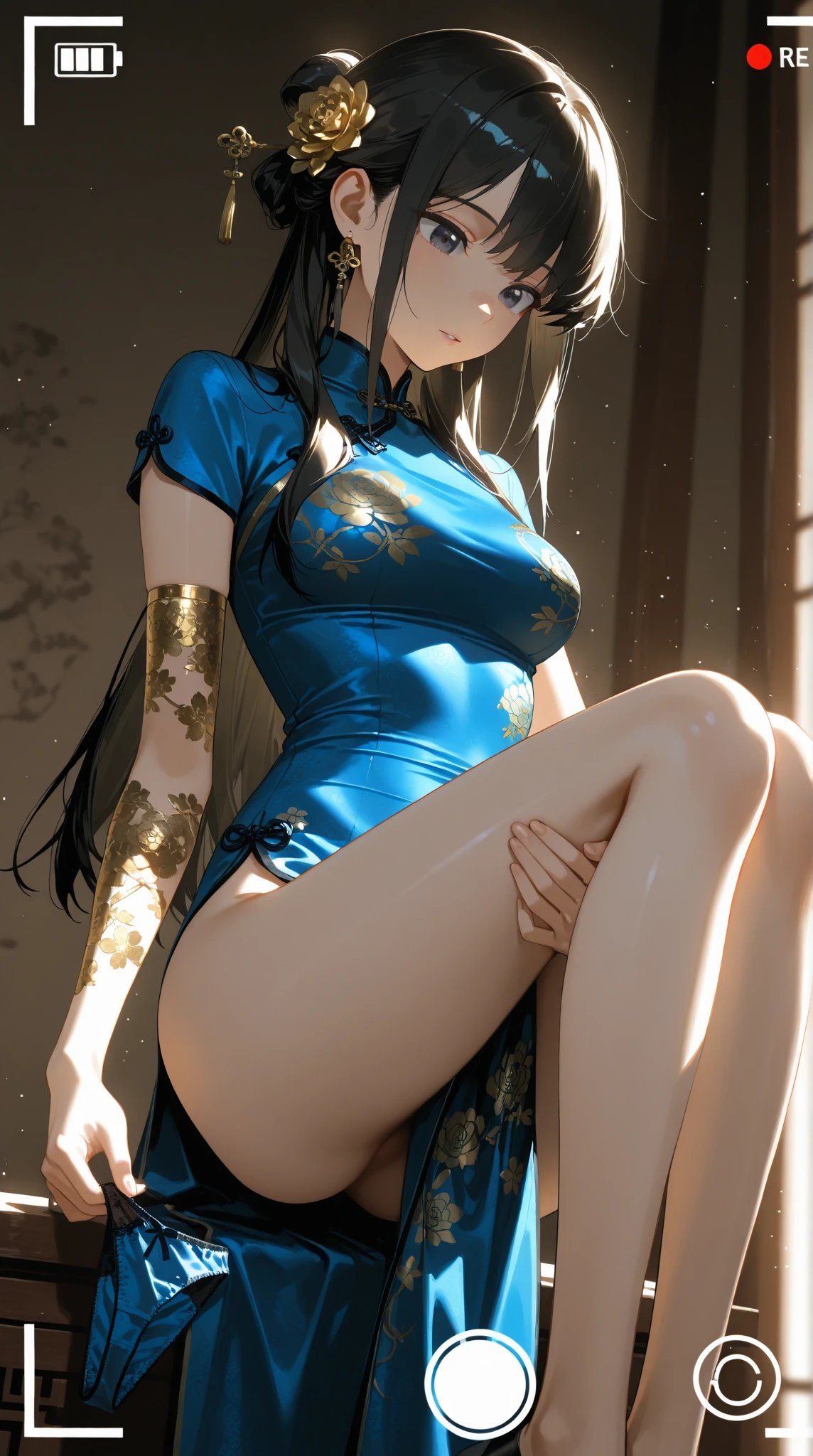 (Realistic:1.3), (photoRealistic:1.2), (highest quality:1.1), (Detailed skin:1.3), (Intricate details), Detailed skin texture,
One woman and one man, 19 years old,
(((In the study))),
(blush:0.8), ((orgasm face)), open mouth
(Depict from HIP to head) ,
Black Hair, Straight Hair, medium Long Hair, bangs, Hair between the eyes, Reduce hair volume,
Sparkling blue eyes, Lens Eye, Light reflection in the eyes, Symmetrical eyes, highlight on eyes, eyelashes, looking at the camera,
Close-fitting clothing, Wearing China dress, Side slits, (knee length China dress), Floral prints, (white g-string panty), Separate panties and clothes, ((let the hem of the dress to the side)), The front and back of the skirt are the same length
A woman has two legs, Two arms, Five fingers, Two joints in the fingers, barefoot, Perfect leg length
Spread her legs very wide, (touch her hip)
(Bare her chest), (Bow-legged)