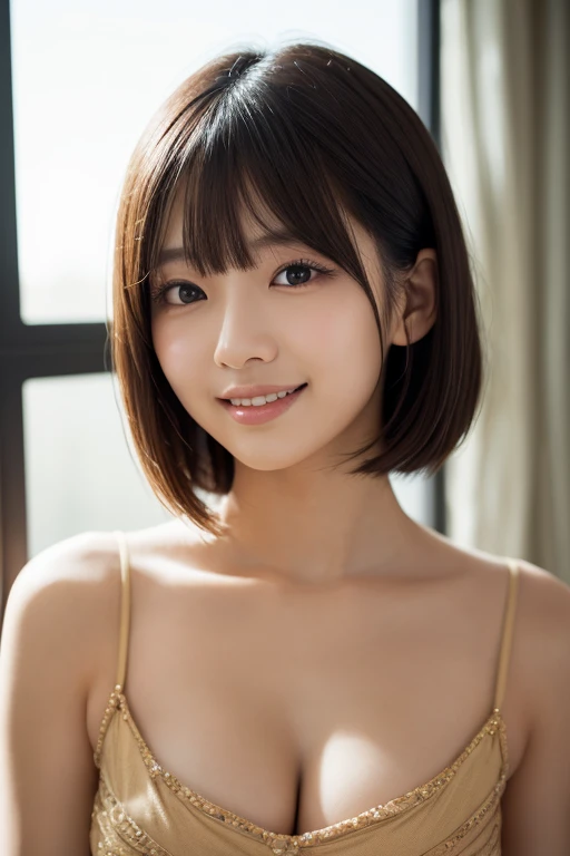 (best quality: 1.5), (actual: 1.5), (1 person: 1.5), ((Upper Body: 1.5)), Very detailed, High resolution, 8k wallpaper, Small Breasts, Natural lips, Cute smile, White skin , Japanese woman, 24-year-old girl, Beautiful and elegant face, perfect and beautiful face, Thin eyebrows, big eyes, Cute eyes, Beautiful and elegant face, Natural bangs, Beautiful delicate nose, beautiful skin, medium bob hair, short hair, Natural bangs , perfect beautiful face, Face slimming and style, (looking at the camera with a Cute expression), Bright lights, professional lighting, (Front lighting), Natural smile, seaside, Princess line wedding dress, crown, Beautiful facial lines, Small face, Cute, Permanent,