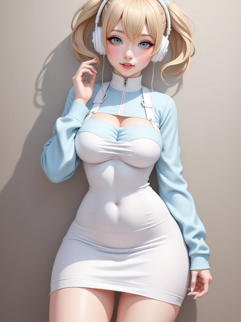 1girl, Blonde braided hair, (squatting), dressed in Glossy White Leather, also she's a Nurse, on the battle field. gigantic breasts, ctmp, abs, giga_busty, fullbody shot, bottom view from below