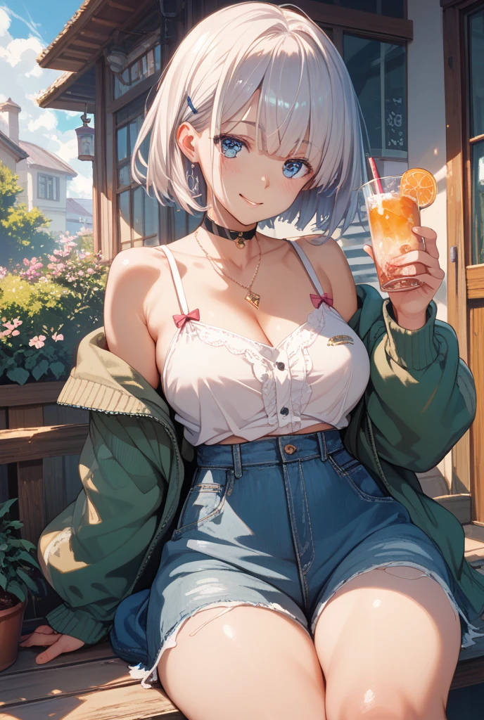 1girl, anime girl, anime, (dark skin), 2d girl, 16y, (fullbody), standing, anime girl, purple eyes, ((blowing kiss to viewer)), heart, (white hair), ((nipleless white bra, areolae, areola, areola exposed)), Solo, Slim, large breasts, big , big Breasts, Tight Shorts, low waist shorts, upshorts, The night background, low trafic, distant mountain in the background, stars in the sky, looking at viewer, darker shadows, (((explicit))), (((shorts))), (((absurdres))), (((thigh gap))), cameltoe, (((cameltoe))), (((cleft of venus))), (((lowleg shorts))),