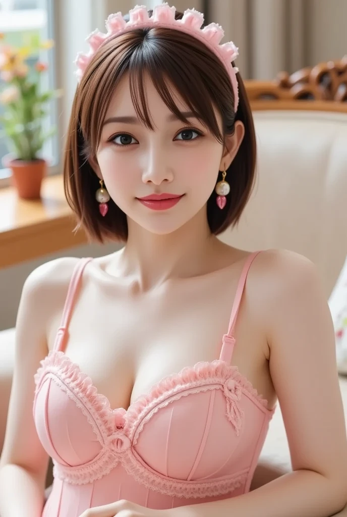 ((((Highest quality))))、(((Ultra-precision CG16K wallpaper)))、(((masterpiece)))、(((Super detailed)))、(((Extreme detail)))、((1Mature 2 woman:1.6))、((Very beautiful Japan face of a person))、((Urizane Face:1.8))、((Short bob one length straight hair、blunt bangs:1.6))、(Shiny Hair)、Beautiful face depicted in detail、(Detailed eyes、Shining black eyes、Detailed eyes孔と虹彩)、double eyelid、High nose、Small nostrils、Small Mouth、Seductive lips、Beautiful breasts、((B cup size breasts))、Cleavage、eight-headed body、Perfect proportions、Perfect Anatomy、Perfect composition、Beautiful detailed shading、Beautiful, natural lighting、Beautiful detail glow、Depth of written boundary、(((High chroma)))、(((Real:1.9)))、((vivid:1.5))、((Beautiful Skin))、((Skin Texture))、((Realな皮膚感))、(((Bust Shot:1.6)))、(((front view、shoot from front、front low angle:1.6)))、(((Half-open mouth、smile:1.6)))、(((looking at camera:1.6)))、Bright daylight、Natural light、(((background_window、Foliage plant:1.5)))、(Sitting pose:1.6)、(((Pink lace bikini lingerie:1.6)))、((choker、Wearing earrings:1.5))、(((Woman sitting on chair:1.6)))、