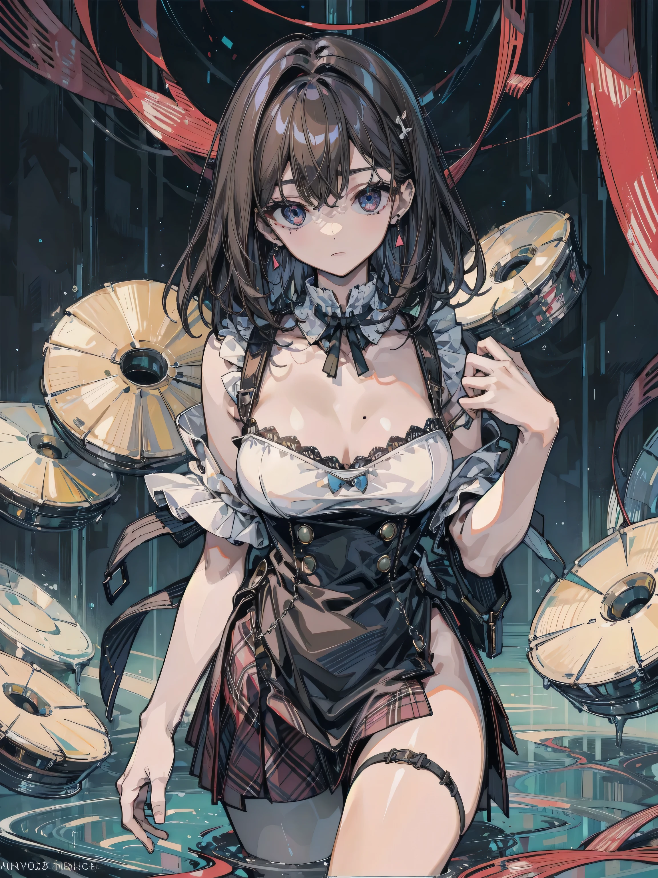 mature woman, (intricate eyes), (styled hair), colored hair streak, collar, ((chains)), (straps), (bondage), bdsm, bounded, tied up, chains tied to the ceiling, nighttime, (scenery), ((intricate details)), sharp focus, high quality, sharp lines, dynamic lighting, ((dynamic angle from a distance)), cinematic pose