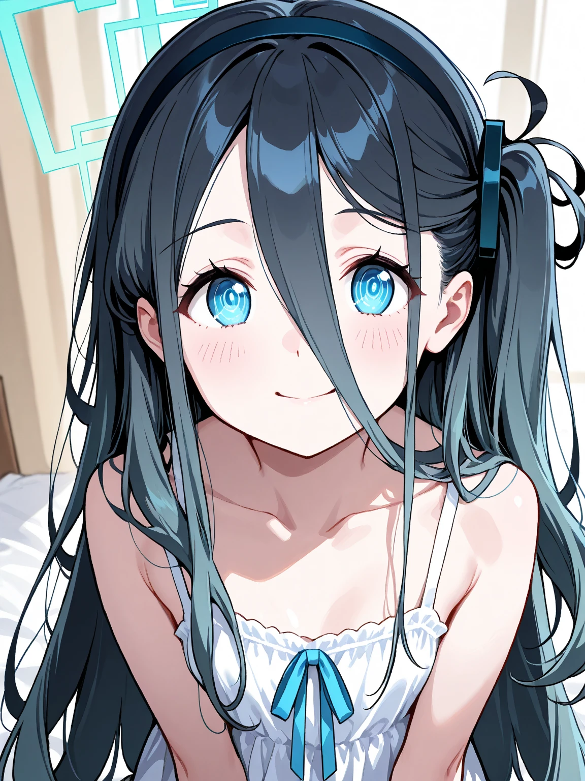 best quality, amazing quality, very aesthetic, absurdres, 1girl, aris (blue archive), blue archive, blue eyes, bra, panties, (artist official art:1.5), (realistic face), (narrowed eyes), (cowboy shot), (mouth, tongue, saliva, bed, tongue out), concept art, expressive eyes, perfect face, 4k, extremely detailed anime illustration, extremely detailed eyes, enhanced details, perfect anatomy, light rays, photo background, extremely delicate body, smooth skin, feminine expression, black background, black background, cristal clear eyes, beautiful face,