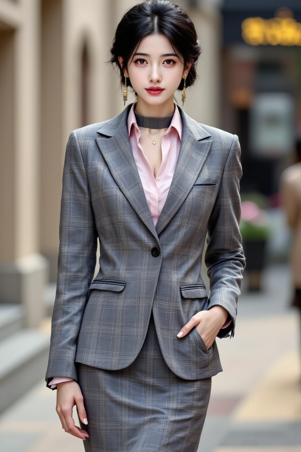 of the highest quality, Photorealistic, 8K, High resolution, 1 girl, Female, (medium breasts: 1.8), Office, Pubic hair visible, Gray suit, , Long skirt boldly pulled up, At work, (((Sit at a desk and open your legs wide)), Bend your knees and open your legs, rather short hairstyle, Stockings,