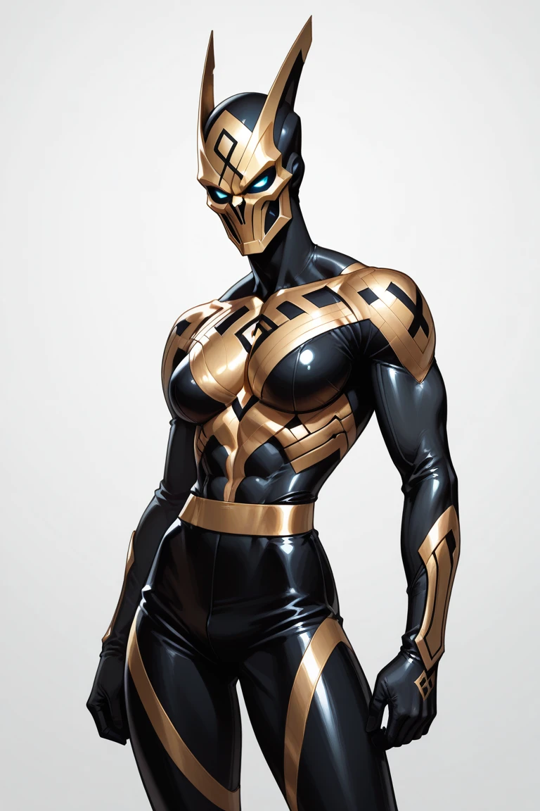 8k ((long neck:1.5))((full body view))((view from below:1.5)),(large eyes:1.3), (large arms:1.4), defined cheekbones, looking back, ((the pit style:1.4))((sleek gold bodysuit:1.6)) ((gold shoulders:1.4))detailed face:1.5), translucent skin,(puffy lips:1.5) (translucent skin:1.6), (bald woman:1.7), (skinhead) ((sexy pose)),(Muscular:1.6), ((gigantic breasts:1.5)), )highly detailed, majestic, digital photography, art by artgerm and ruan jia and greg rutkowski, ((large biceps:1.2)), (masterpiece),((wide shoulders:1.5)) sidelighting, intricate details, (((black and gold color palette))), body appears see through, ((black legs:1.4))((black torso:1.4))((slendered abs:1.2))