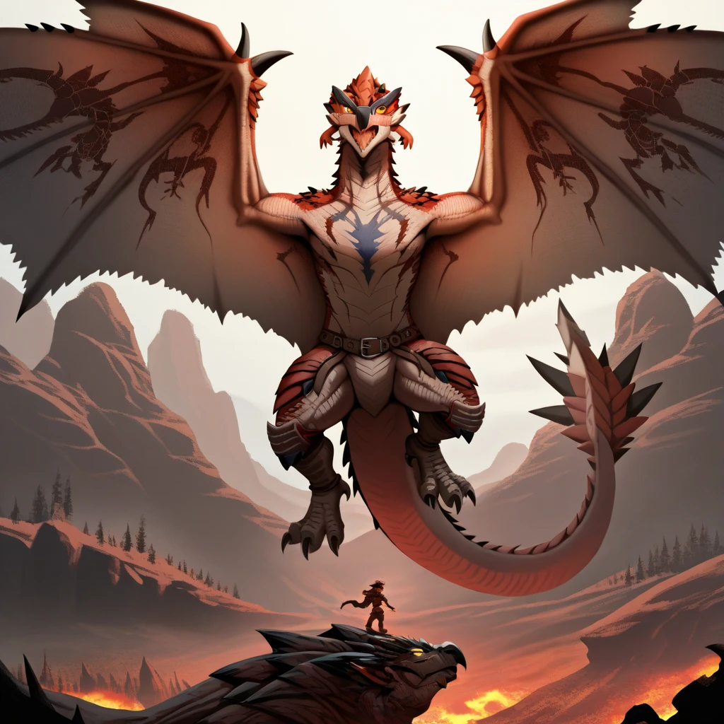 Three-quarter view, (rathalos), (red body), (red scales), (big wings), big loincloth, topless, looking at viewer, happy face, sitting front bonfire, detailed forest background, nipples, fitness muscular body, nipple focus, big bodybuilder body, muscular male, muscular, detailed muscles, detailed scales, bright scales, bright body, detailed face, high detailed, high resolution, high quality, detailed beautiful eyes, (muscular oblique), (muscular v-cut), (hard muscular butt), (wide muscular shoulder), (big muscular thighs), (detailed muscular abs), ((huge muscular pecs)), (big muscular biceps), muscular anthro, manly masculine male, full body portrait, by bruteandbrawn, by personalami, by kenket, (intricate, high detail, hi res, film photography, soft focus, RAW candid cinema, photorealism, realistic, photorealistic, analog style, subsurface scattering, best score, absurd resolution, masterpiece, best quality, ultra realistic, 8k)