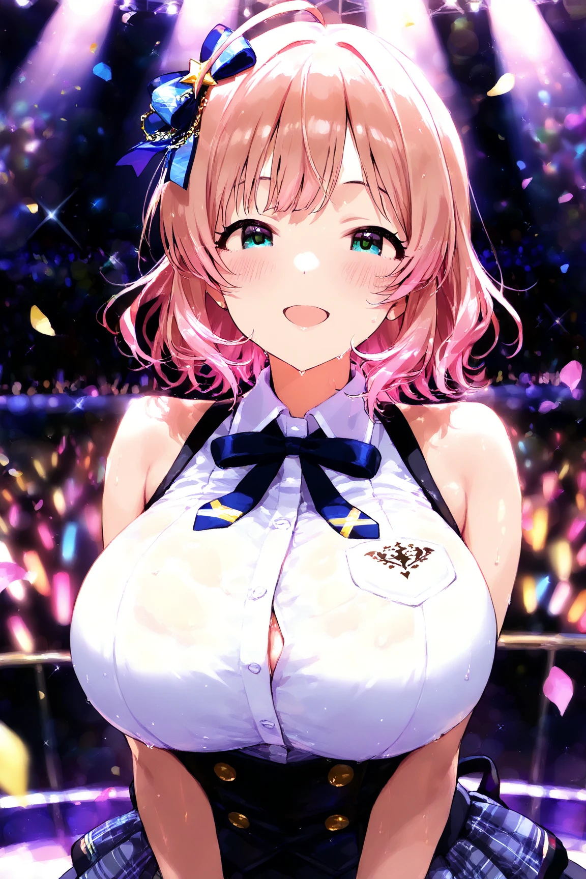 Medium HAIR, ahoge, purple eyes, pink hair, 16years old,, large breasts, live stage, solo ,nipple, seifuku
