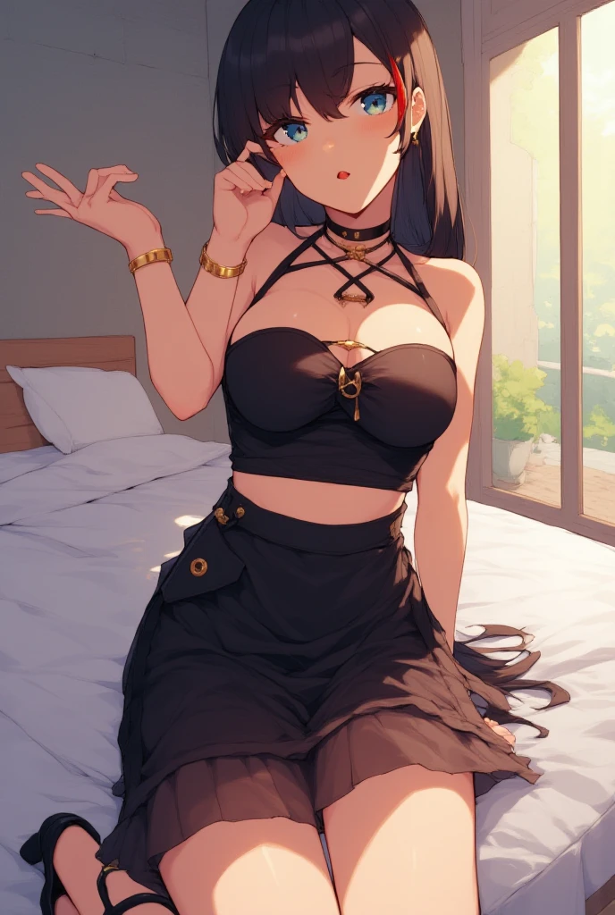 (best quality,highres),sexy woman with thick, braided hair, lustful gaze, and sultry pose, emphasizing her intense sensuality. Her face has beautifully defined features, including long eyelashes and plump lips. Her medium-sized chest is accentuated by a revealing crop top, drawing attention to her alluring cleavage. Her hands rest confidently on her curvy hips, exuding a sense of power and allure. She is dressed in a fashionable miniskirt, adding to her seductive appeal. The image captures her irresistible confidence and magnetism.
For the background, a dimly lit, atmospheric setting amplifies the woman's enchanting presence. Soft, warm lighting casts an inviting glow on her feminine silhouette. The color palette consists of rich, deep shades, accentuating her captivating beauty. The image exudes a seductive and glamorous aura, capturing the viewer's attention and leaving a lasting impression.
Medium: Photorealistic portraits
Additional details: Smoky eye makeup, perfectly manicured nails, high heels, striking accessories such as statement earrings or a delicate necklace.
