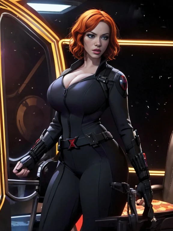 Subject: A photorealistic portrayal of Christina Hendricks as Black Widow from Marvel Comics, standing confidently in her sleek and deadly attire. Type of Image: Photorealistic digital artwork featuring Christina Hendricks as Black Widow Art Styles: Photorealism, showcasing intricate details of Black Widow's costume, weapons, and her intricate details of Christina Hendricks's face Camera: Shot with a medium lens to provide a balanced view of Black Widow's figure and expression. Shot: Full-body shot, highlighting Black Widow's agile stance and poised demeanor. Render Related Information: High-resolution render (4K) with meticulous attention to detail in Black Widow's costume texture, weaponry, and facial features.
