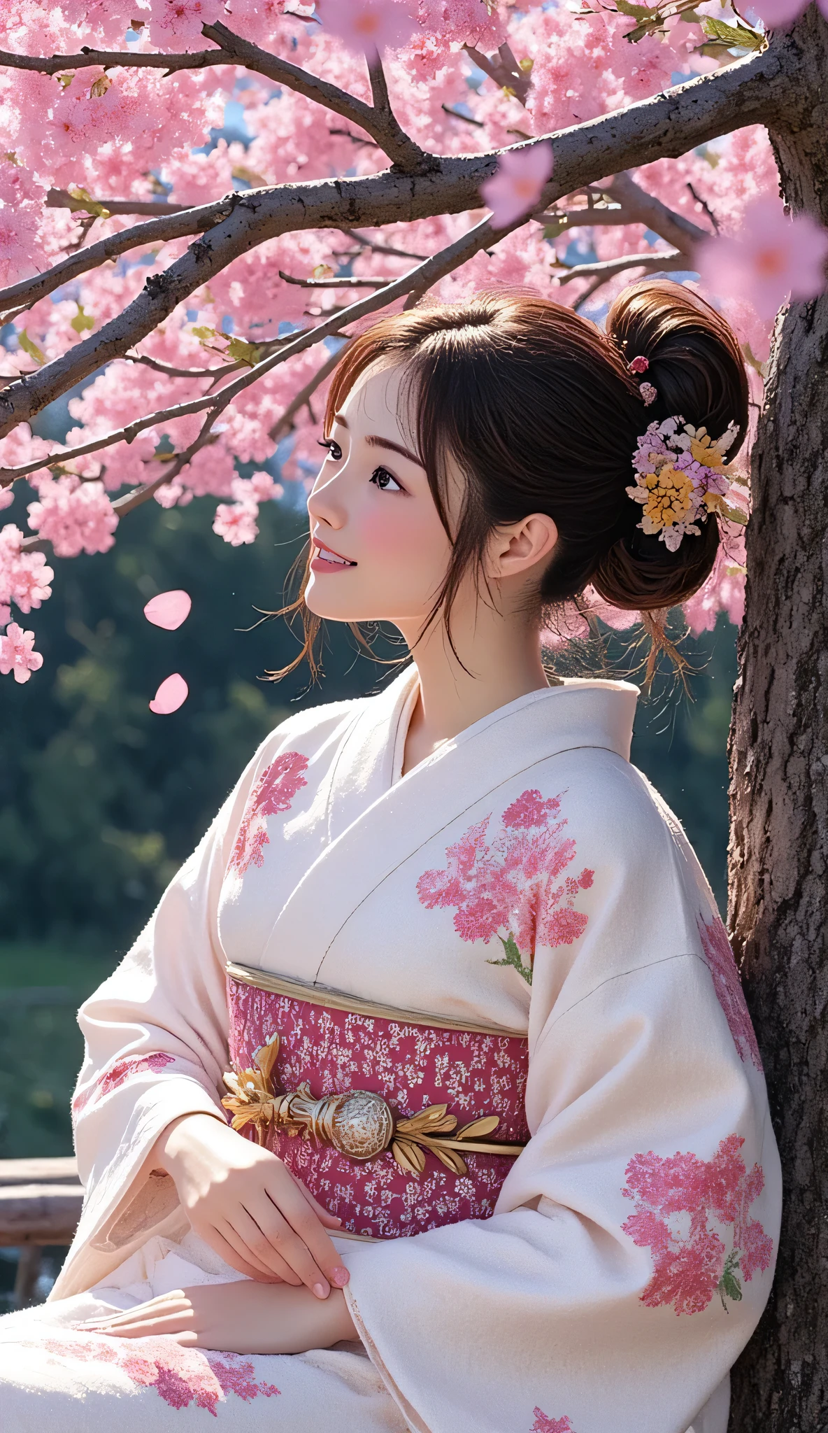 Hand drawn Japanese fantasy world、Picture books 、hand drawn, fantasy scene, 複雑なbright colors, Fantastic, story book , dreamlike, Mysterious, cinematic lighting, soft focus, masterpiece, 8k, high resolution, bright colors, photorealistic、 A woman like an elegant cherry blossom goddess smiling surrounded by cherry blossom branches,Wrapped Pink Petals,Classy Hairstyle,delicate expression,Wrapped,Surrounded by natural light ,Beautiful Scenery of Japan,best quality,Rendering,high resolution,fine details,bright color