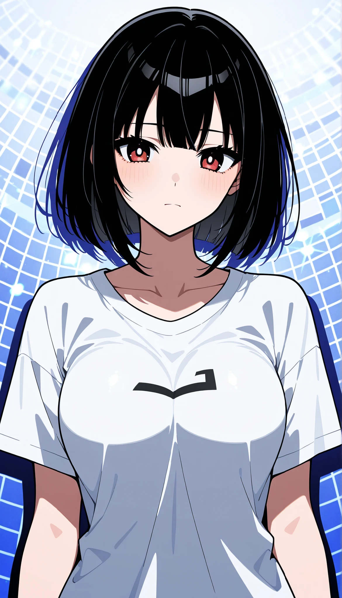 (A japanese beautiful girl busty gravure idol wearing a geometric art T-shirt in Bauhaus style:1.5), (Short black hair:1.5)