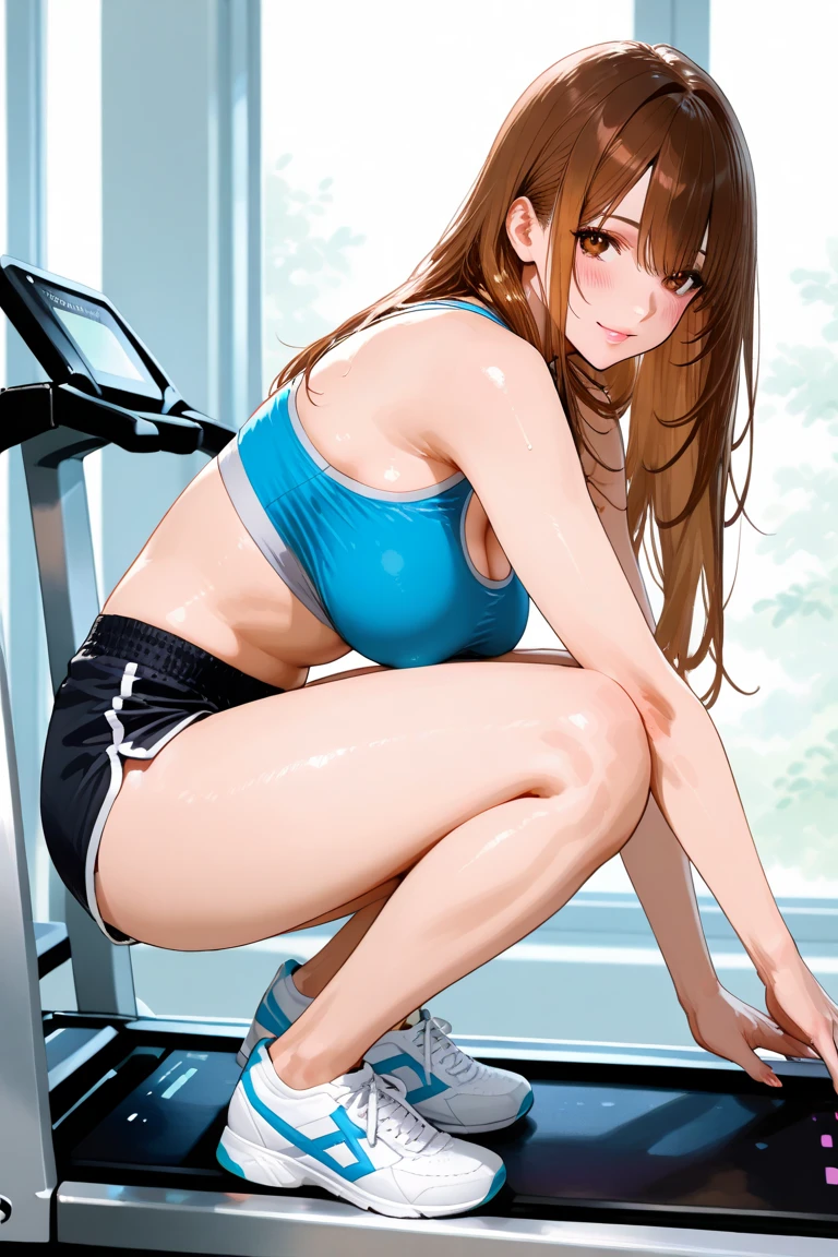 lighting like a film, maximum quality, (1 woman), naked, squatting and spreading legs, spreading legs, ashamed of, school pool, Eyes from below, full of sweat, A brunette, Wearing sweat, which butt