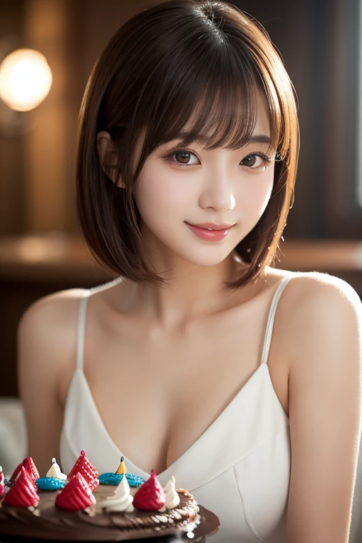 Highest quality, masterpiece, Ultra-high resolution, (Realistic:1.4), Beautiful woman, ((Big Breasts:1.3)), (((Short Bob))), (((Brown ash))), Beautiful Skin, Fine skin, Background blur, smile, Hair over the ears, beautiful girl,(((cry)))