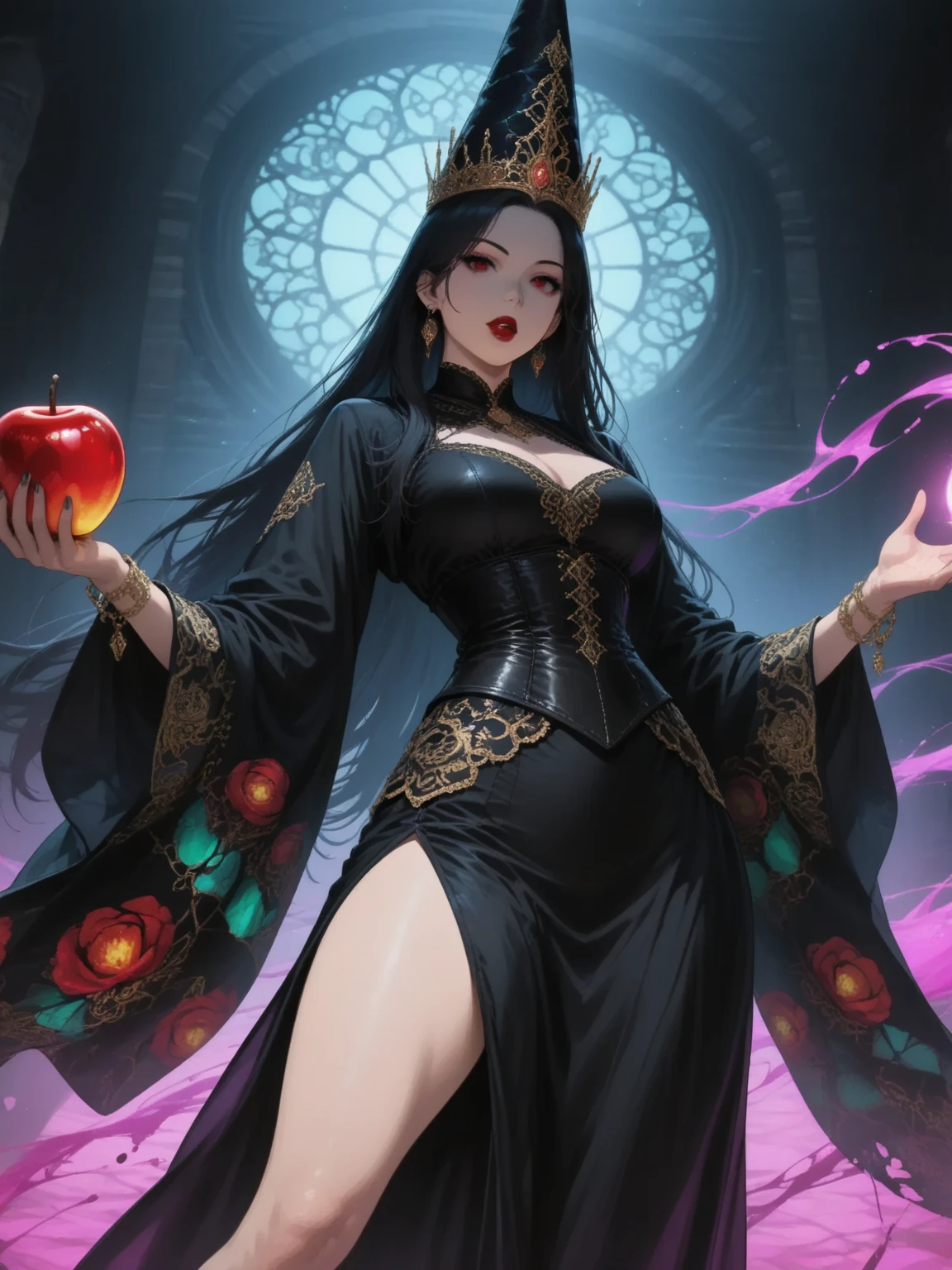 (masterpiece, best quality, high resolution, ((full body standing)), ((huge breasts))1 beautiful woman, Greek goddess Eris, very long wavy dark blue hair, black lips, golden eyes, goddess dress very sexy full body black fantasy greek, gold greek jewelry earrings and necklaces, evil smile, holding a golden apple in her right hand