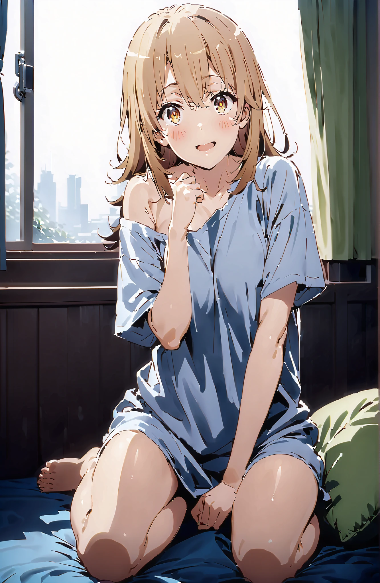 score_9, score_8_up, score_7_up, source_anime,Iroha Isshiki, long hair, brown hair, brown eyes,smile,blush,opens his mouth,oversized t-shirt, one shoulder,Medium breast,Bare legs,bare feet,morning,morning日,interior,curtains,window, bet, betの上に座っている,Waking up,hugging a pillow, Beautiful Streetscapes,full bodyがイラストに入るように,in their 40s looking at viewer,full body,
in their 40s indoors,bedroom,
in their 40s (masterpiece:1.2), best quality, high resolution, Unity 8Kの壁紙, ( illustration :0.8), (beautiful detailed eyes:1.6), very detailed face, perfect lighting, very detailed CG, (perfect hand in h, perfect anatomy),
