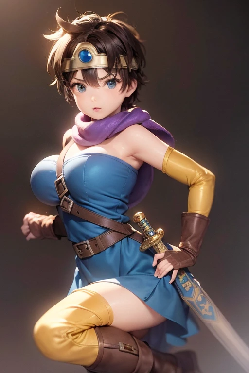 (masterpiece, Highest quality:1.1), (sheathに納められた武器, Weapon on the back, Sword on the shoulder:1.1), internal (dq3), One girl, alone, short hair, Brown Hair, blue eyes, Circlet, Large Breasts, Cleavage, Strapless, Blue clothes, Purple Cape, Knee socks, gloves, boots, belt, sheath,, knee boots, Simple Background,