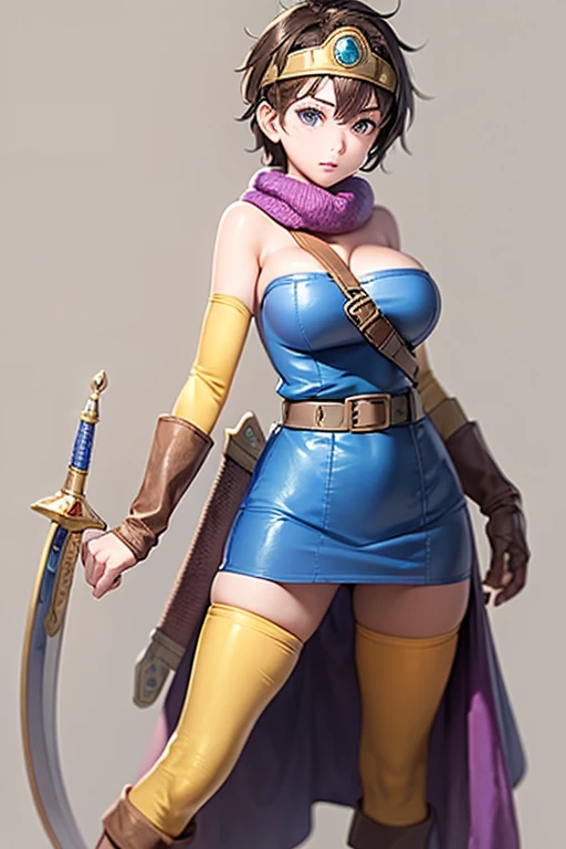 (masterpiece, best quality:1.1), (sheathed weapon on back:1.2), roto (dq3), 1girl, solo, short hair, brown hair, blue eyes, circlet, large breasts, cleavage, strapless, blue dress, purple cape, thighhighs, elbow gloves, boots, belt, scabbard,, knee boots, simple background, <lora:DQ3ROTO-000010:0.7>