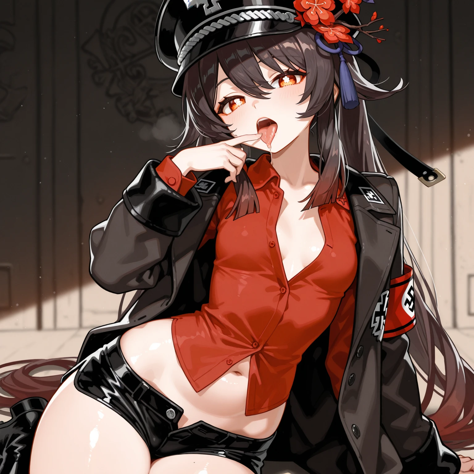 girl、Small breasts、Black Hair、Iris、Bob Hair、pirate、Red coat、Black see-through、hat、belly button、Holding a gun、Strong face、pirate船、battle