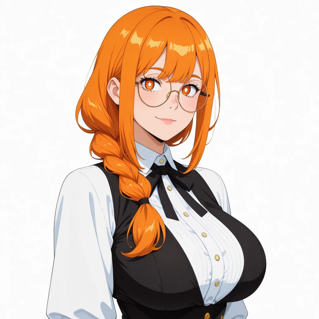 Be a cute woman,Blonde,Wear glasses,very big breasts,topless,Wear a short skirt,red eyes